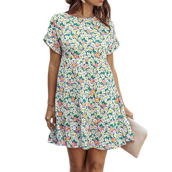 Kirundo Ruffle Short Sleeve Floral Loose Pleated Mini Dress SZ S - Picture 2 of 12